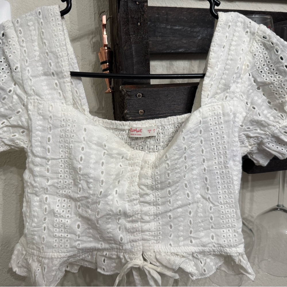 ROMWE White Eyelet Crop Top Blouse